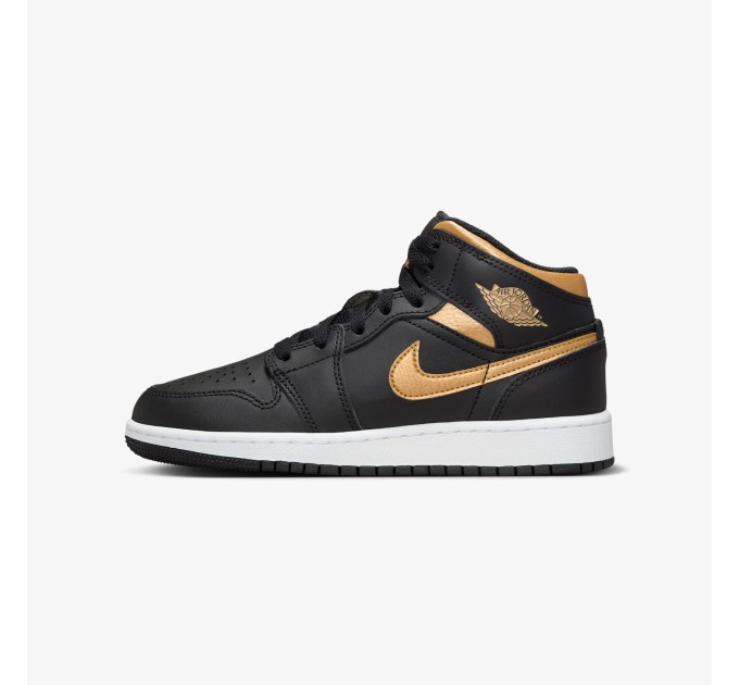 Jordan 1 Mid Black Metallic Gold Swoosh krepšinio bateliai jaunimui