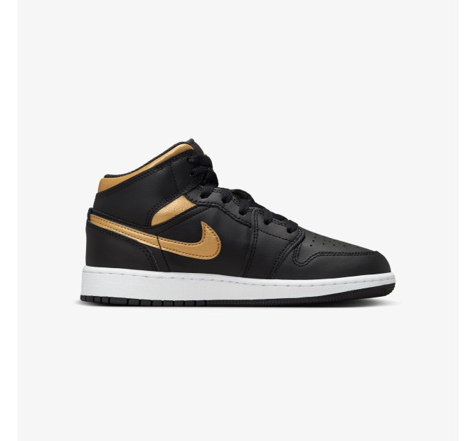 Jordan 1 Mid Black Metallic Gold Swoosh krepšinio bateliai jaunimui